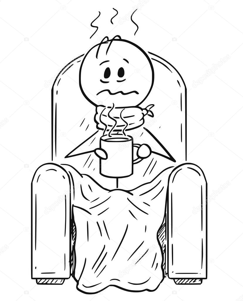 Cartoon of Sick Man With Influenza and Fever Sitting in Armchair