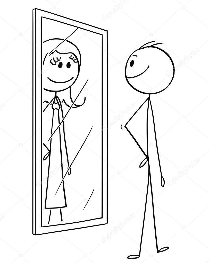 Cartoon of Man Looking at Himself in the Mirror but Seeing Woman Inside