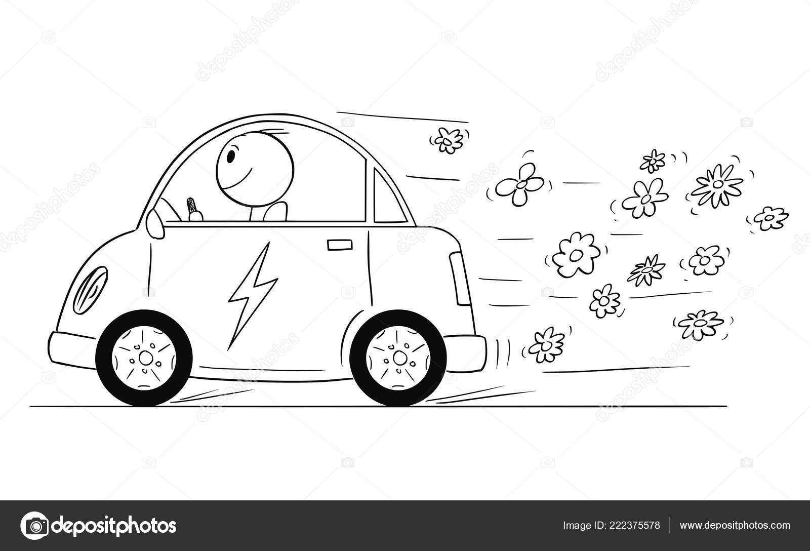 Cartoon of Happy Man Riding Electric Car, Flowers are Coming Out of the  Vehicle. Stock Vector by ©ursus@zdeneksasek.com 222375578