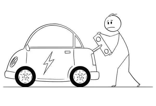 Desenhos animados do homem que enrola acima ou que carrega o carro elétrico pela chave do brinquedo — Vetor de Stock