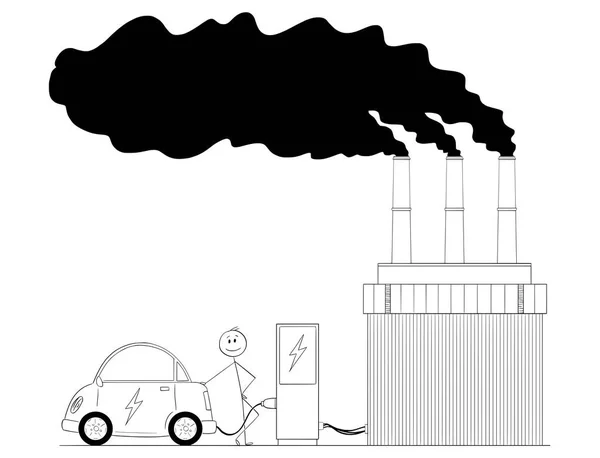 Cartone animato dell'uomo che carica l'automobile elettrica da potere dalla centrale elettrica del carbone — Vettoriale Stock