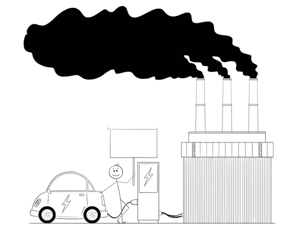 Dibujos animados del hombre que carga el coche eléctrico por el poder de la central eléctrica del carbón — Archivo Imágenes Vectoriales