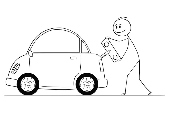 Cartone animato dell'uomo felice che avvolge o carica l'automobile elettrica dal giocattolo chiave — Vettoriale Stock