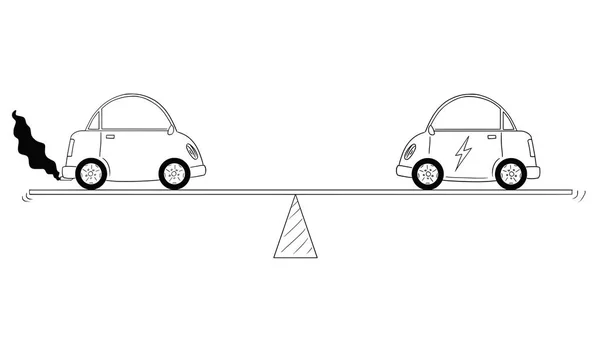 Tecknad av bränsle och elbilar mätt på balans skala — Stock vektor