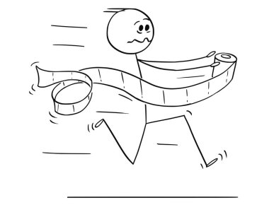 Tuvalet ya da banyo veya lavabo tuvalet kağıdı el ile panik içinde koşan adam, çizgi film