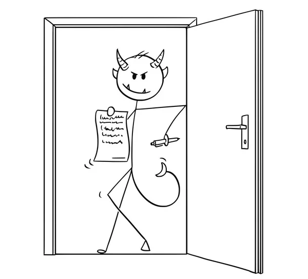 Caricature du diable homme d'affaires debout dans la porte et offrant un contrat à signer — Image vectorielle
