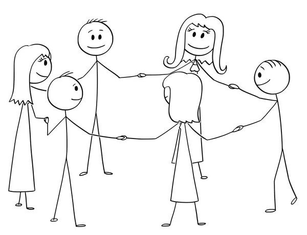 Cartone animato di gruppo di sei persone in piedi in cerchio — Vettoriale Stock