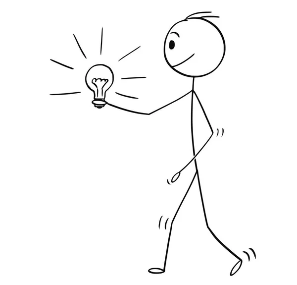 男でも輝く電球または電球を保持している実業家の漫画 — ストックベクタ