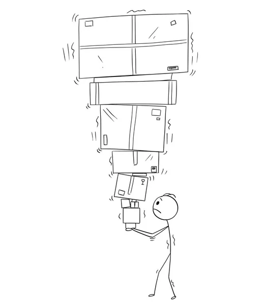 Tecknad av Man eller affärsman bära stor hög av papper lådor — Stock vektor