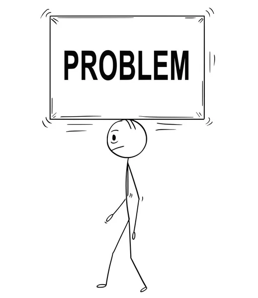 Γελοιογραφία του ανθρώπου ή επιχειρηματία που μεταφέρουν μεγάλο κουτί με το κείμενο το πρόβλημα στο κεφάλι του — Διανυσματικό Αρχείο