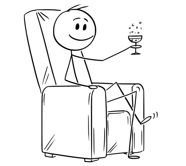 Caricature d'un homme ou d'un homme d'affaires heureux et prospère assis dans un fauteuil et levant un verre de champagne ou de vin — Image vectorielle