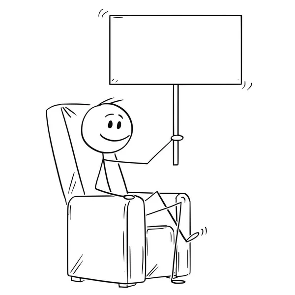 Desenhos animados de homem feliz ou empresário sentado em poltrona e segurando o sinal vazio — Vetor de Stock