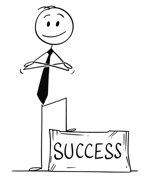 Kreslený sebevědomého muže nebo podnikatel, stojící na kvádru s textem úspěch s rukama zkříženýma — Stockový vektor