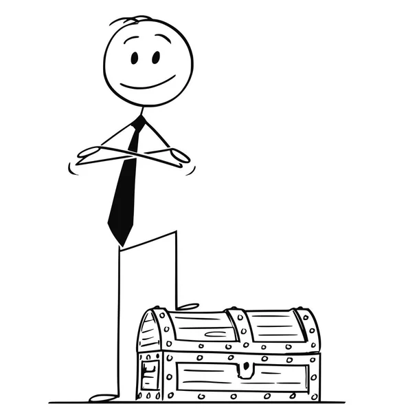 Cartoon of Confident Man or Businessman Standing on Wooden Treasure Chest with Arms Crossed — стоковый вектор
