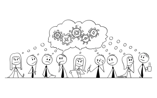Γελοιογραφία της ομάδας από ανθρώπους των επιχειρήσεων, επιχειρηματίες ή γυναίκες επιχειρηματίες σκέψης κατά τη διάρκεια της ανταλλαγής ιδεών — Διανυσματικό Αρχείο