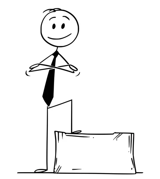 Překřížené kreslený sebevědomého muže nebo podnikatel, stojící na kamenný blok nebo kvádru s područkami — Stockový vektor