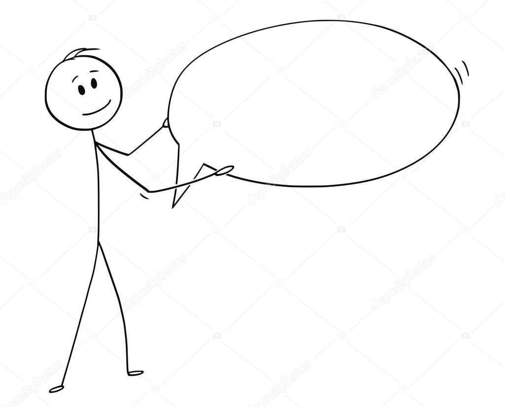 Cartoon of Man or Businessman Holding Empty Speech Text Bubble or Balloon