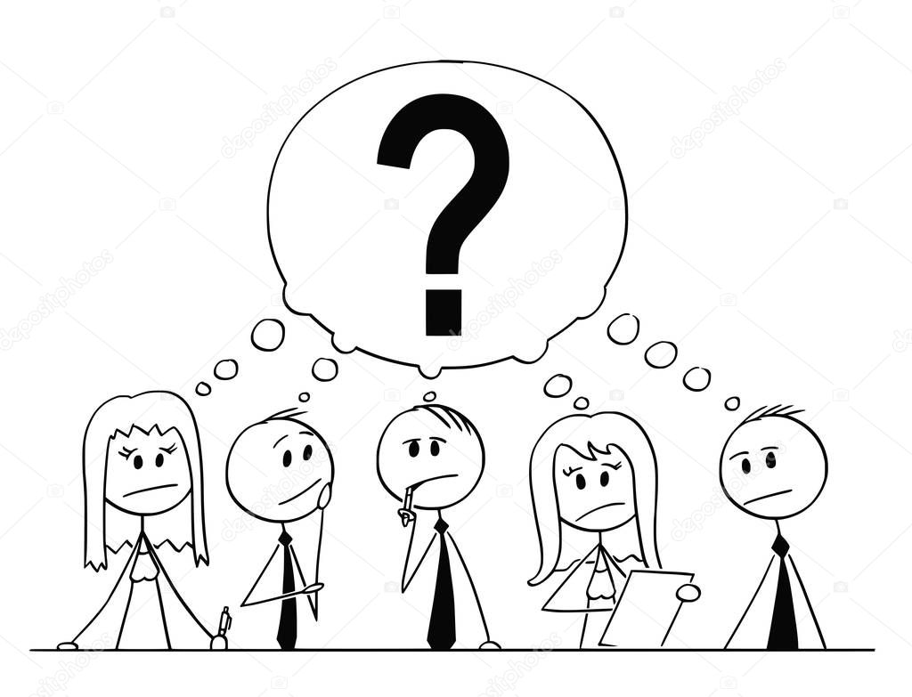 Cartoon of Group of Business People Thinking With Question Mark Above