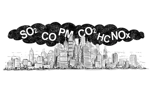 Ilustração de desenho artístico vetorial da cidade coberta por fumaça e poluição do ar — Vetor de Stock