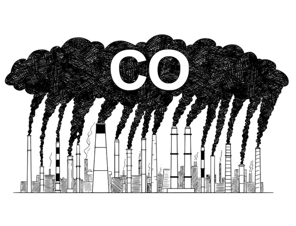 Ilustración artística vectorial del dibujo de las chimeneas que fuman, del concepto de la industria o de la contaminación atmosférica del CO de la fábrica — Vector de stock
