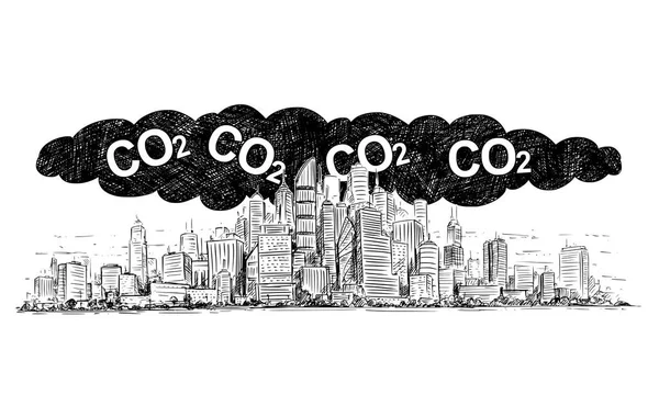 Dibujo artístico vectorial Ilustración de la ciudad cubierta por la contaminación atmosférica del humo y del CO2 — Vector de stock