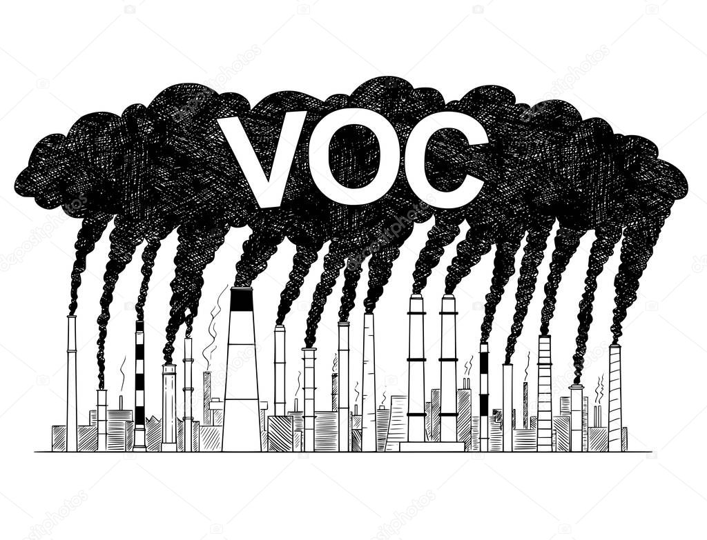 Vector Artistic Drawing Illustration of Smoking Smokestacks, Concept of Volatile Organic Compounds Produced by Industry or Factory as Air Pollution