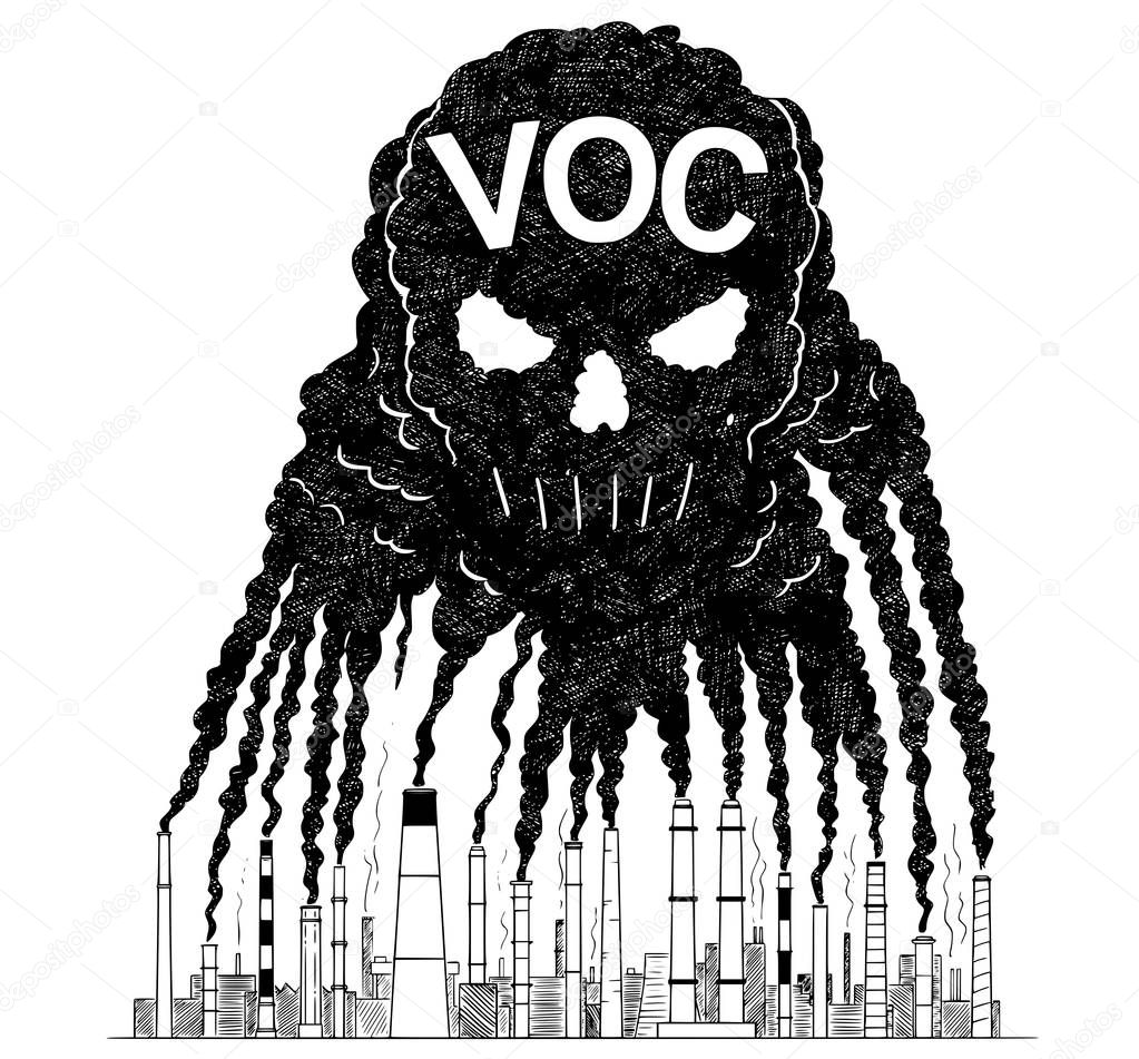 Vector Artistic Drawing Illustration of Smoke From Smokestacks Creating Human Skull, Concept of Volatile Organic Compounds Air Pollution