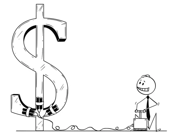 Tecknad av affärsman med sprängkapsel och explosiva att förstöra dollarn Symbol — Stock vektor