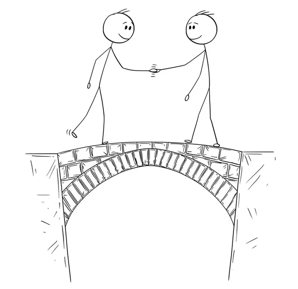 Desenhos animados de dois homens, políticos ou empresários tremendo mãos na ponte —  Vetores de Stock