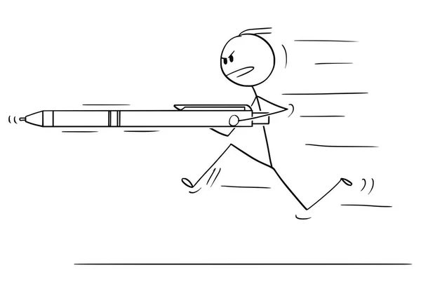 Cartoon of Man or Businessman Running, Charging or Attacking with Pen Like Spear — стоковый вектор