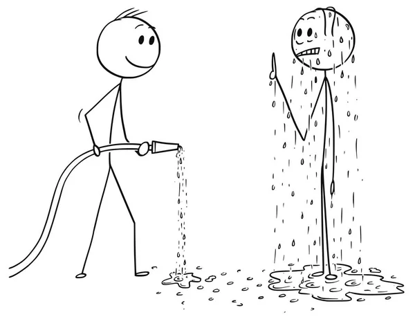 Dibujos animados del hombre húmedo sorprendido y otro hombre sosteniendo la manguera — Archivo Imágenes Vectoriales