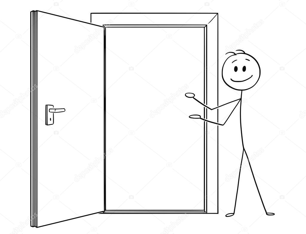 Cartoon of Man or Businessman Inviting to Go Through Open Door