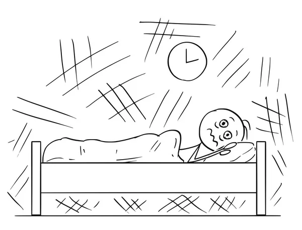 Dibujos animados del hombre acostado en la cama e incapaz de dormir debido al insomnio — Vector de stock