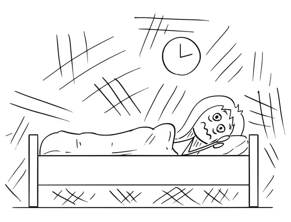 Cartone animato di donna sdraiata a letto e incapace di dormire a causa dell'insonnia — Vettoriale Stock
