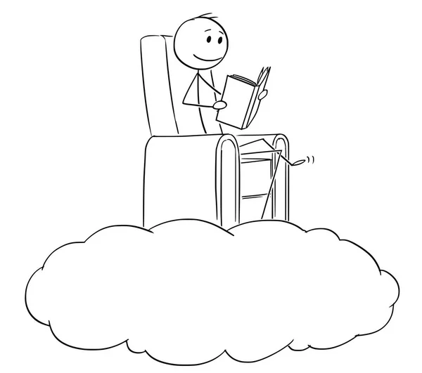 Caricatura del hombre y soñador leyendo un libro en una nube — Vector de stock