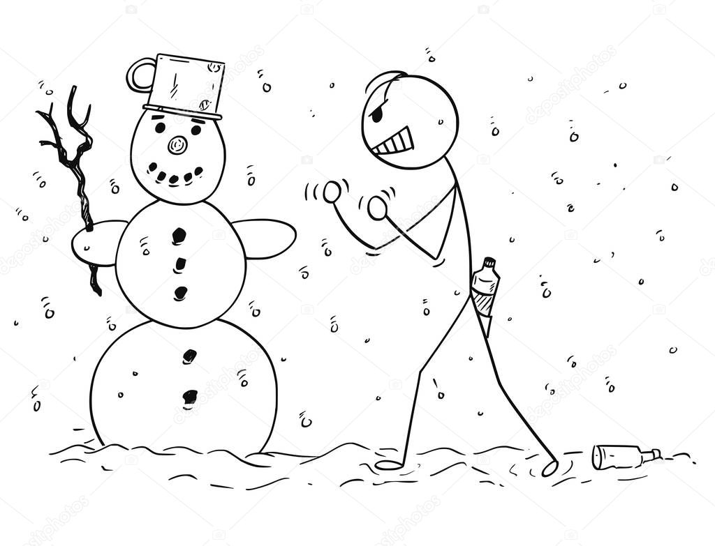 Cartoon of Drunken Man Going to Fist Fight With Snowman
