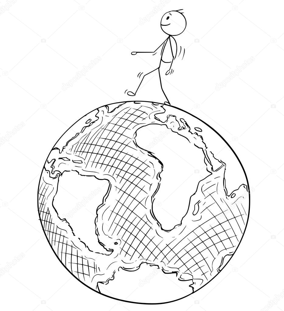 Cartoon of Traveler Walking on Earth Globe