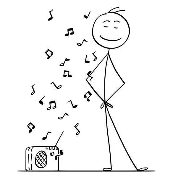 Caricature de l'homme écoutant une musique de petite radio — Image vectorielle
