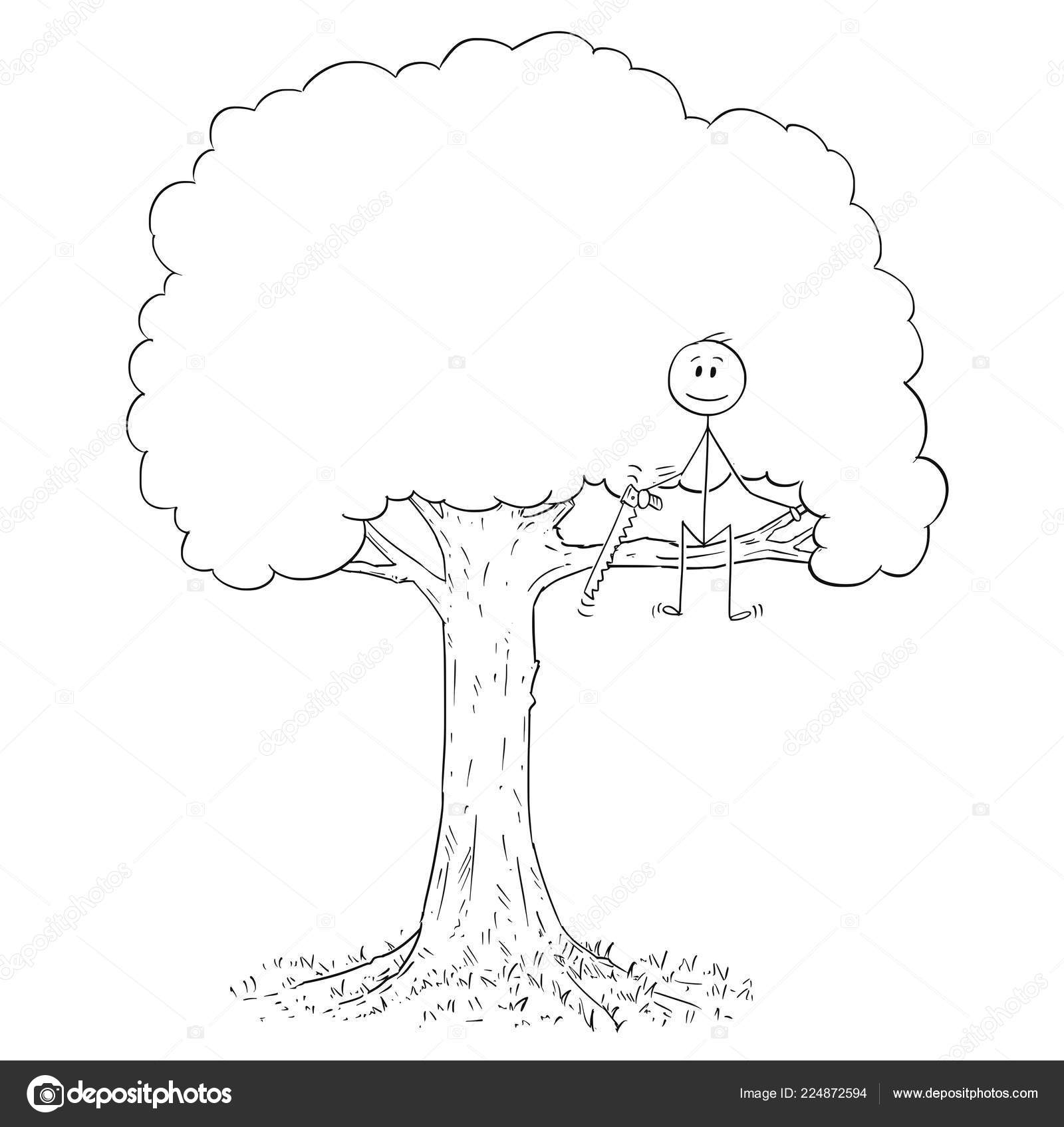 Cartoon of Man With Saw on Tree Cutting Out the Branch He is Sitting on.  Stock Vector Image by ©ursus@ #224872594