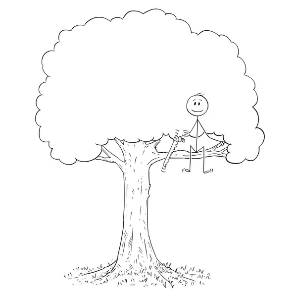 Dibujos animados del hombre con sierra en el árbol cortando la rama en la que está sentado . — Vector de stock
