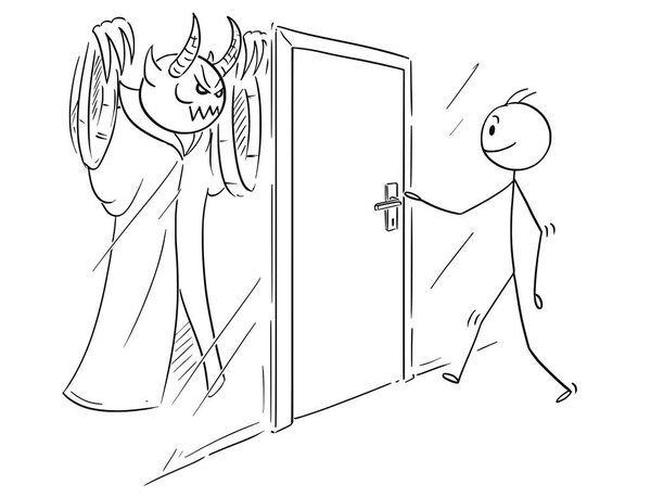 Мультфильм "Человек, который готов открыть дверь, но за ней скрывается зло или демон"
