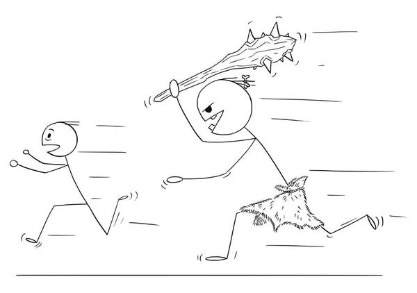Cartoon of Scared Man Running Away From Caveman or Giant - Stok Vektor