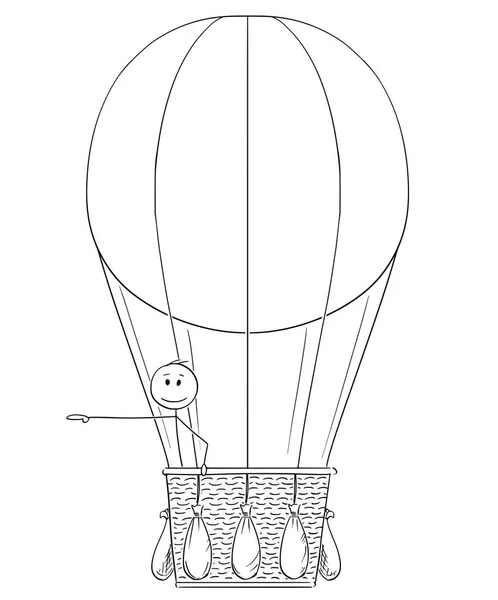 Caricature d'un homme ou d'un homme d'affaires dans un ballon à air chaud pointant quelque chose de son côté — Image vectorielle