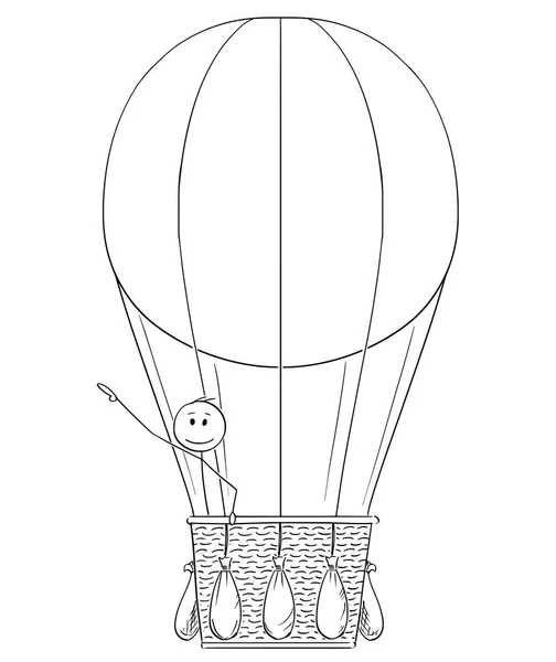 Caricature de l'homme ou de l'homme d'affaires dans un ballon à air chaud pointant quelque chose au-dessus ou vers le haut — Image vectorielle