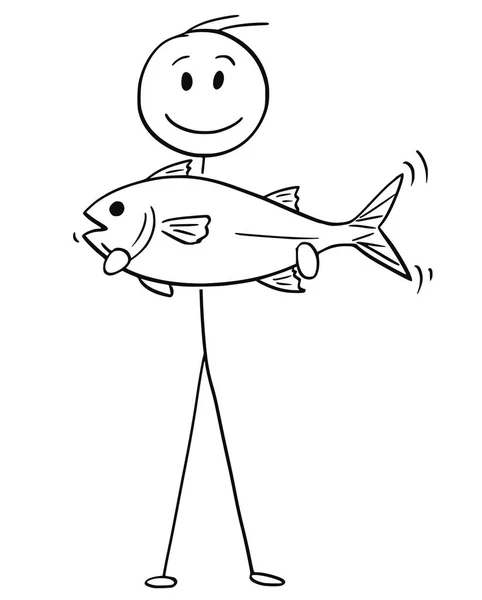 渔民拿着一条抓鱼的动画片 — 图库矢量图片