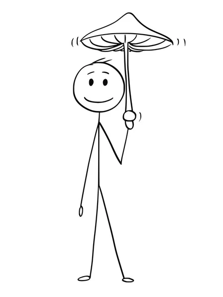 Desenhos animados de homem segurando grande cogumelo como guarda-chuva —  Vetores de Stock