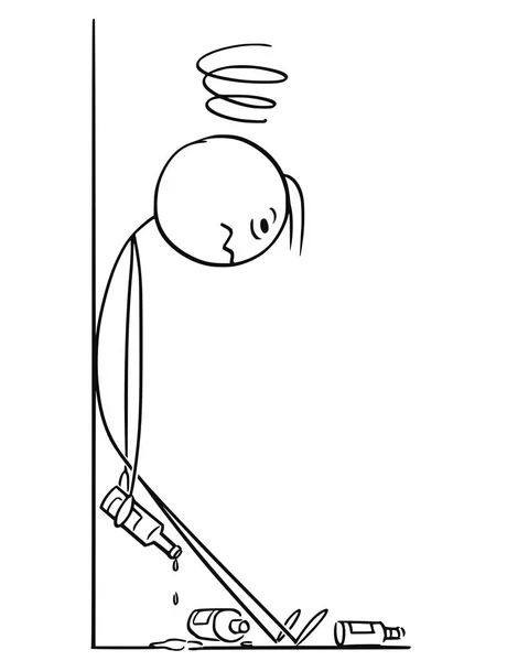 Cartoon of Drunk Man Leaning Against Wall - Stok Vektor