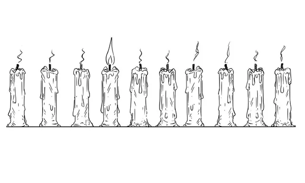 Cartoon of Row of Burnt-out Candles Only One of them is Lit — стоковый вектор