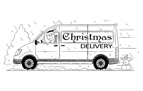 Kreskówka sterownik rodzajowy van z Boże Narodzenie dostawy tekst pokazuje kciuk w — Wektor stockowy