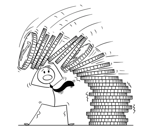 Γελοιογραφία του επιχειρηματία υπό πτώση σωρός από κέρματα — Διανυσματικό Αρχείο